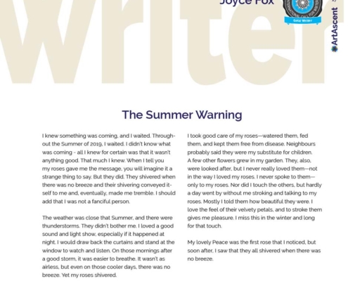 Gold Writer of the 2022 ArtAscent Art & Literature Journal Summer issue